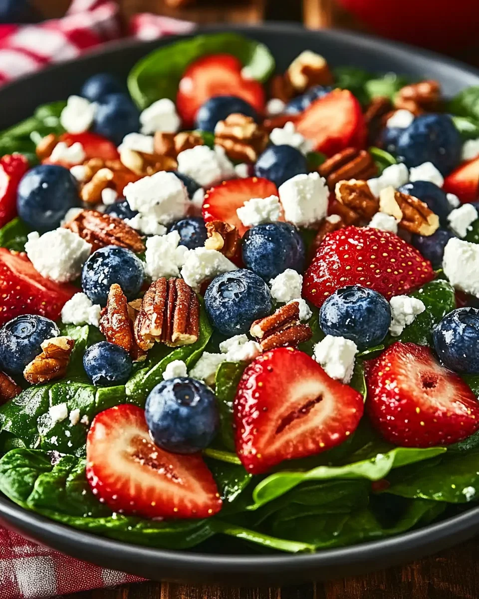 Strawberry & Blueberry Spinach Salad with Pecans and Feta