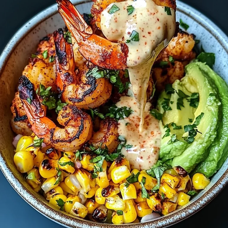 Grilled Shrimp Bowl with Avocado, Corn Salsa & Creamy Sauce