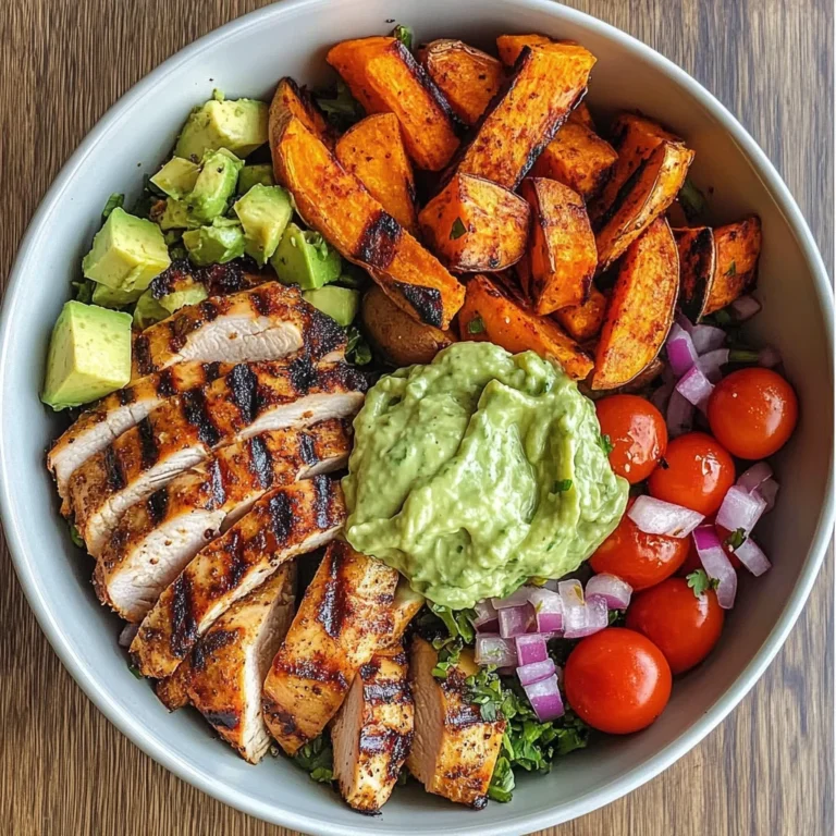 Grilled Chicken Power Bowl with Spiced Sweet Potato Wedges & Avocado Cream
