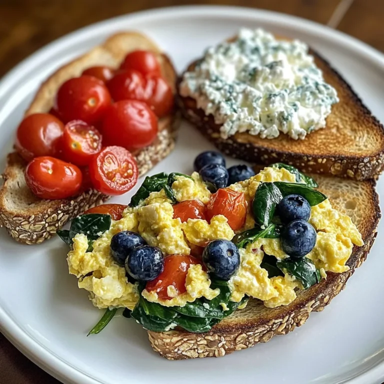 Veggie Egg Scramble with Cottage Cheese & Blueberry Toast